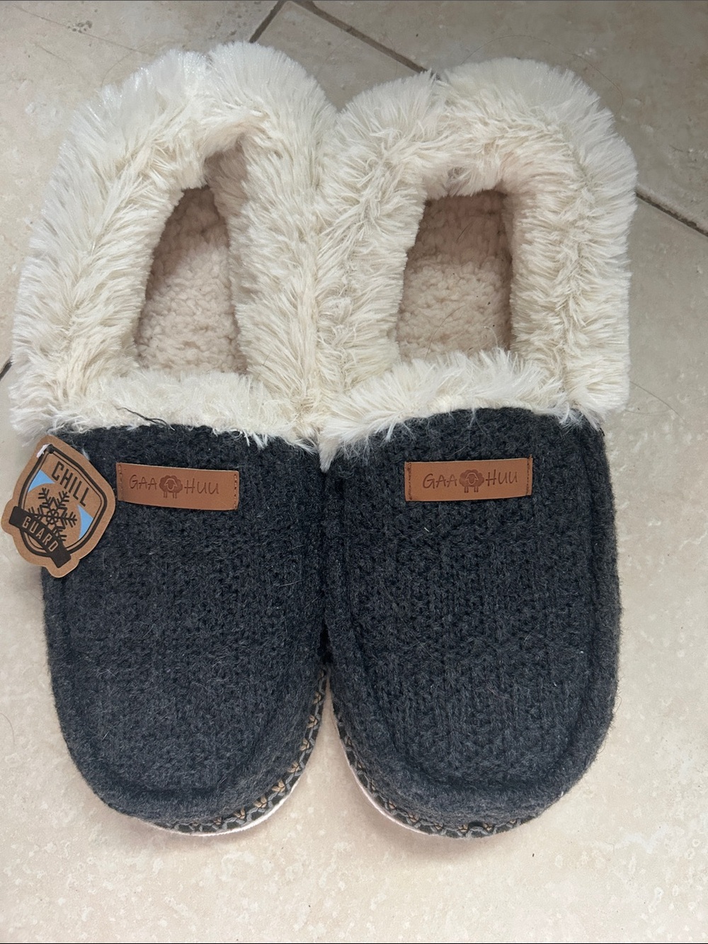 GAA HUU Dark Charcoal Knit Slippers with Cream Faux-Fur Trim